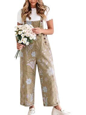 Women's Khaki Baggy Floral Denim Bib Overalls Jeans Y2K Wide Leg Jumpsuits